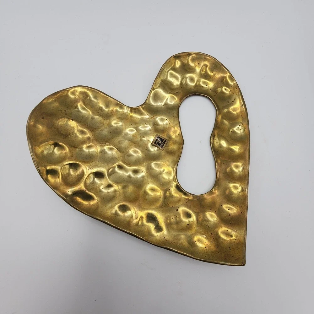Vintage Artisan Hammered Brass Heart Scarf Clip Slide Brutalist Belt Buckle Pair